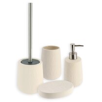 Motifeur Bathroom Accessories Ceramic Toilet Brush Set - Toilet Bowl Brush and Holder with Wooden Base (White and Beige)