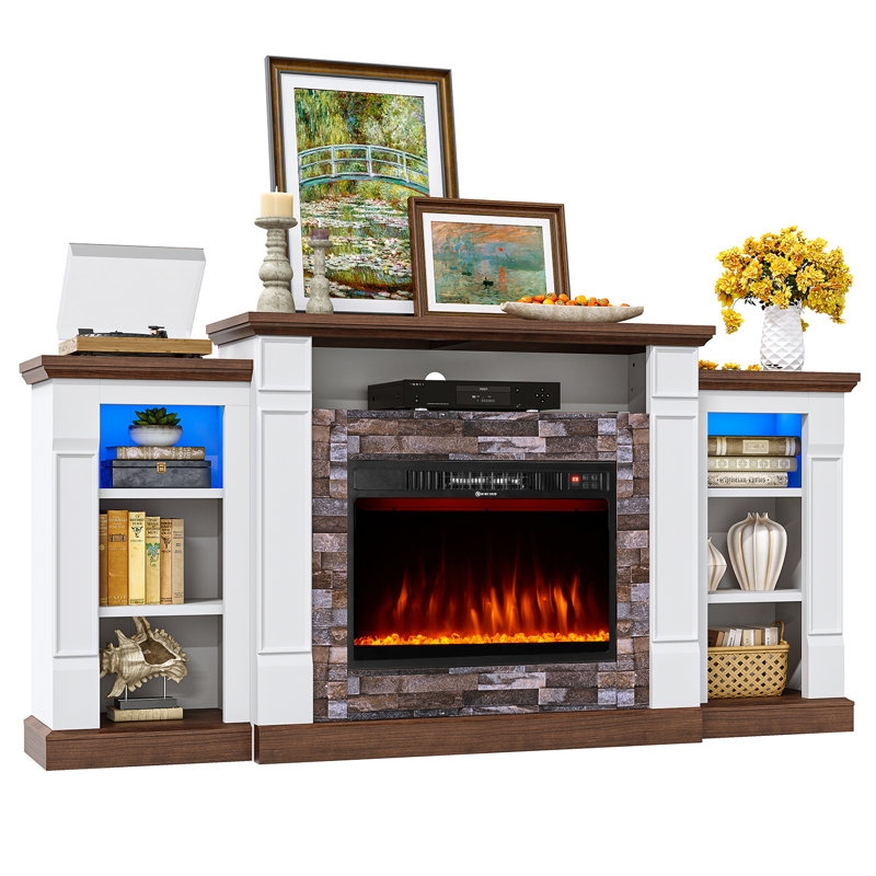 70" Electric Fireplace With Mantel, Farmhouse Fireplace Tv Stand For Tvs Up To 80 Inch, Realistic Stacked Stone Surround With Remote Control For Living Room