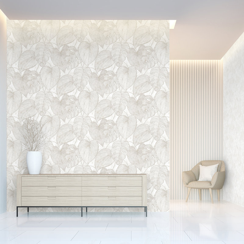 Julie Feels Home Collection Glitter/Shimmer Large Monstera Leaf Wallpaper Roll, Mirror White