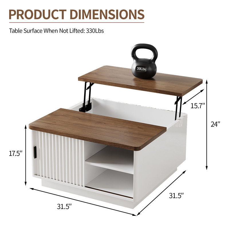 Lift Top Coffee Table, 31" Square Center Table With Sliding Door, Space-Saving Fluted Coffee Desk With Hidden Storage Compartment And Shelf, For Living Room, Home Office
