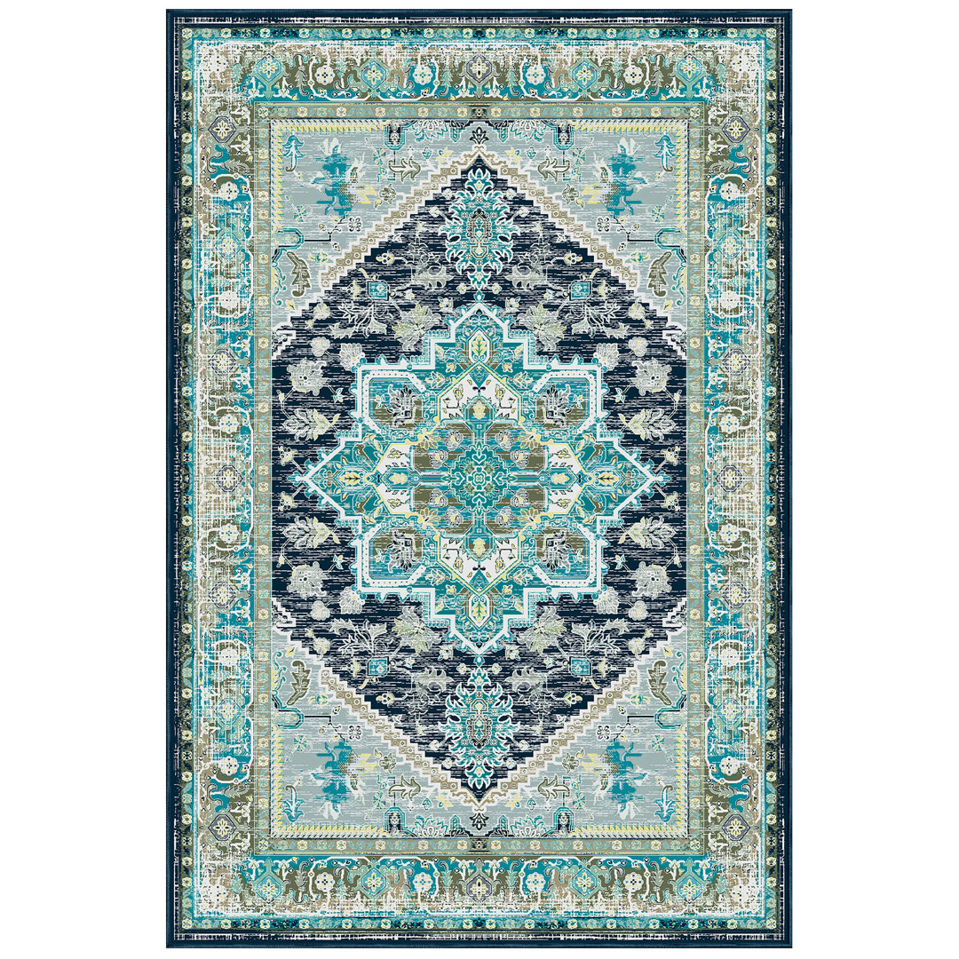 Machine Washable Non Slip Vintage Area Rugs for Living Room Bedroom Dining Room - Blue/Teal/Green Bungalow Rose Rug 