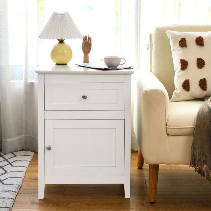 Bourrache Wooden Nightstand with Drawer and Cabinet, White
