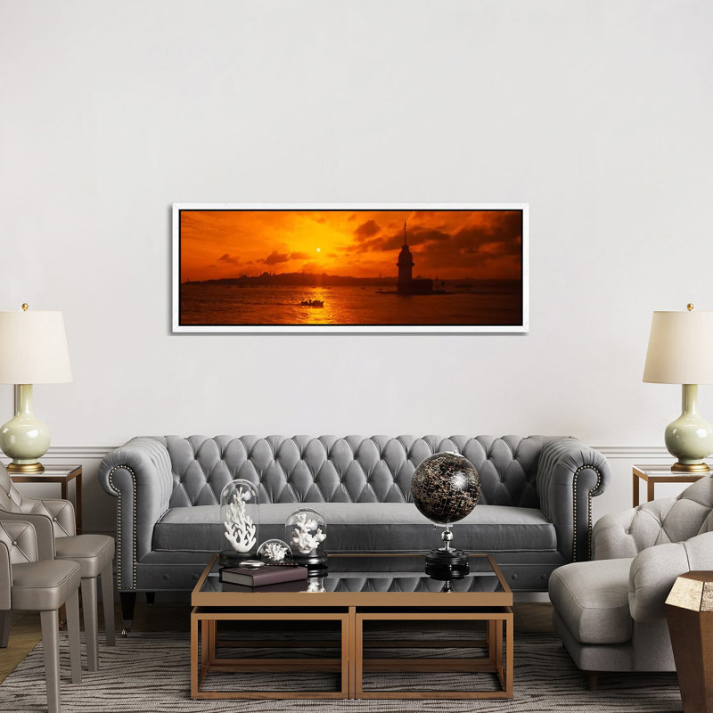 Sunset Over A River, Bosphorus, Istanbul, Turkey by Panoramic Images - Floater Frame Panoramic Gallery-Wrapped Canvas Giclée on Canvas