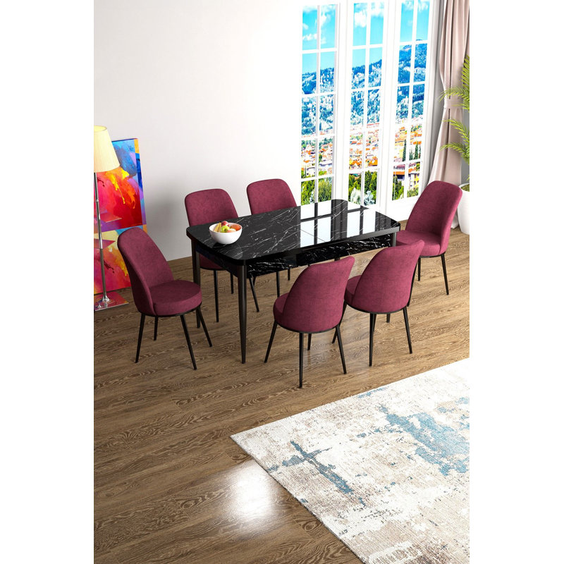 Ensemble de table et chaises de salle à manger moderne extensible (7 pièces), marbre noir et bourgogne, 44,9 x 27,6 x 30,7 pouces, 56,7 x 27,6 x 30,7 pouces | 100% panneau de fibres à densité moyenne avec pieds en métal, assise en mousse confortable | Parfait pour les salles à manger élégantes