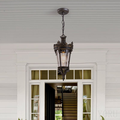 Lanterne suspendue d'extérieur à couronne antique de 18 po (H), luminaire suspendu rétro imperméable avec design en métal orné et verre transparent pour patio, jardin, porche, éclairage d'entrée (une pièce et sans ampoule)