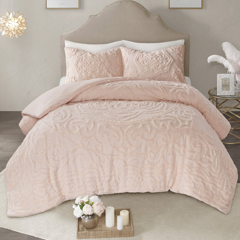 King Beige Cotton Chenille Medallion Fringe Coverlet Set