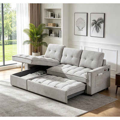 71" L-shaped Sleeper Sectional Sofa With Hide Storage Chaise,Modern Convertible Reversible Pull Out Sofa Bed With USB Ports and Side Pocket