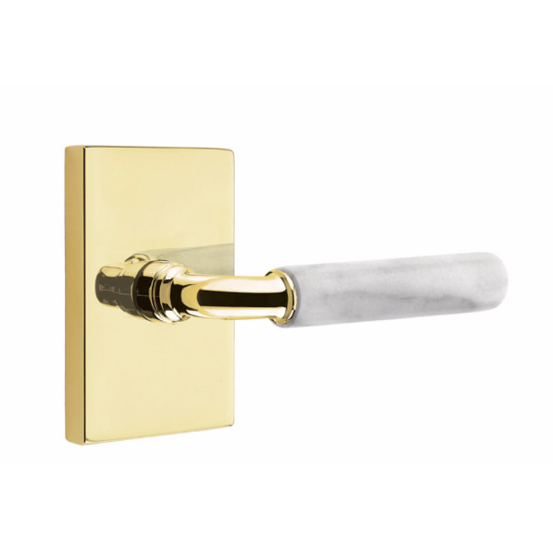Select Round Privacy (Bed & Bath) Door Lever with Rectangle Rosette, Unlacquered Brass/White Marble, Right