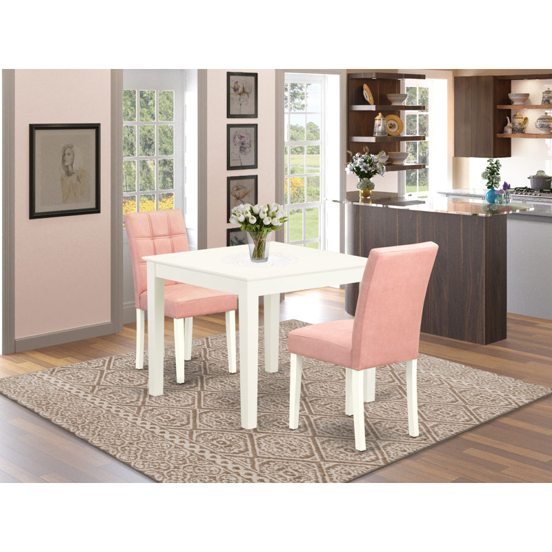 3 Piece Dinette Table Set Includes A Dinner Table and 2 Beige Red Polyester Fabric Kitchen Chairs with Stylish Back- Linen White Finish