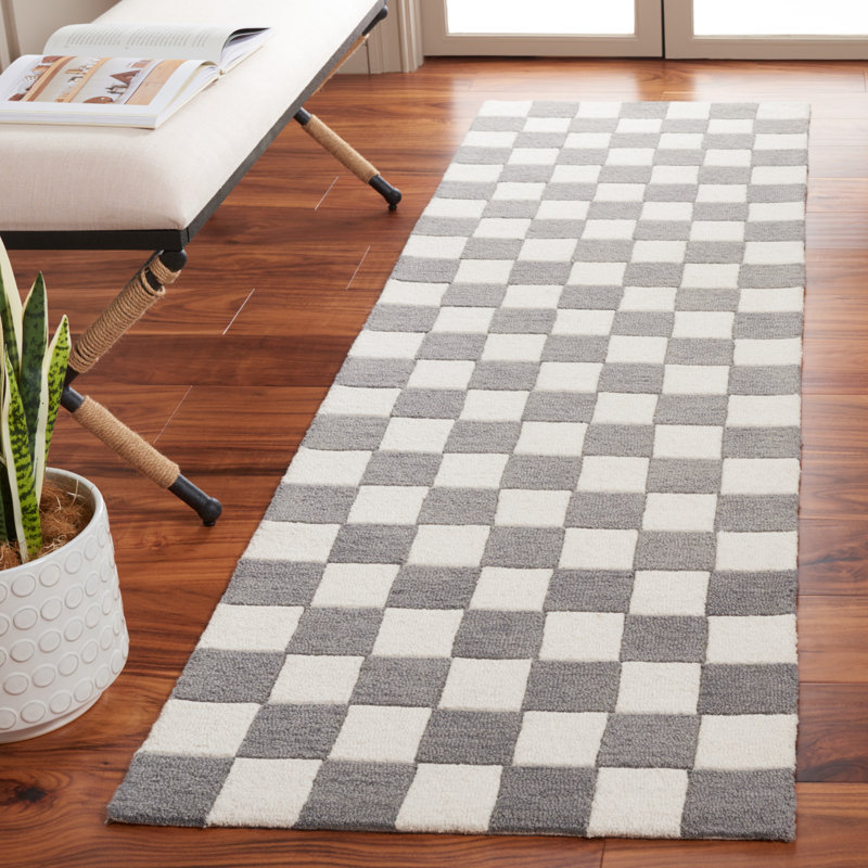Msr4760 Chelsea Martha Stewart Hand Tufted Wool/Cotton Checkered Rug in Gray/Ivory, Runner 2'3" x 8'