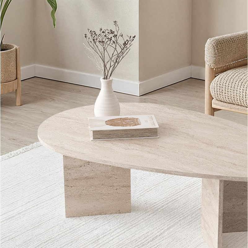 Modern Coffee Table, Travertine Color, 54.9 x 16.5 x 31.3 inches | 100% Melamine Coated Particle Board, Thickness: 0.7 inches | Durable Particle Board Legs, 220 lbs Capacity | Elegant Marble Design for Living Room Decor