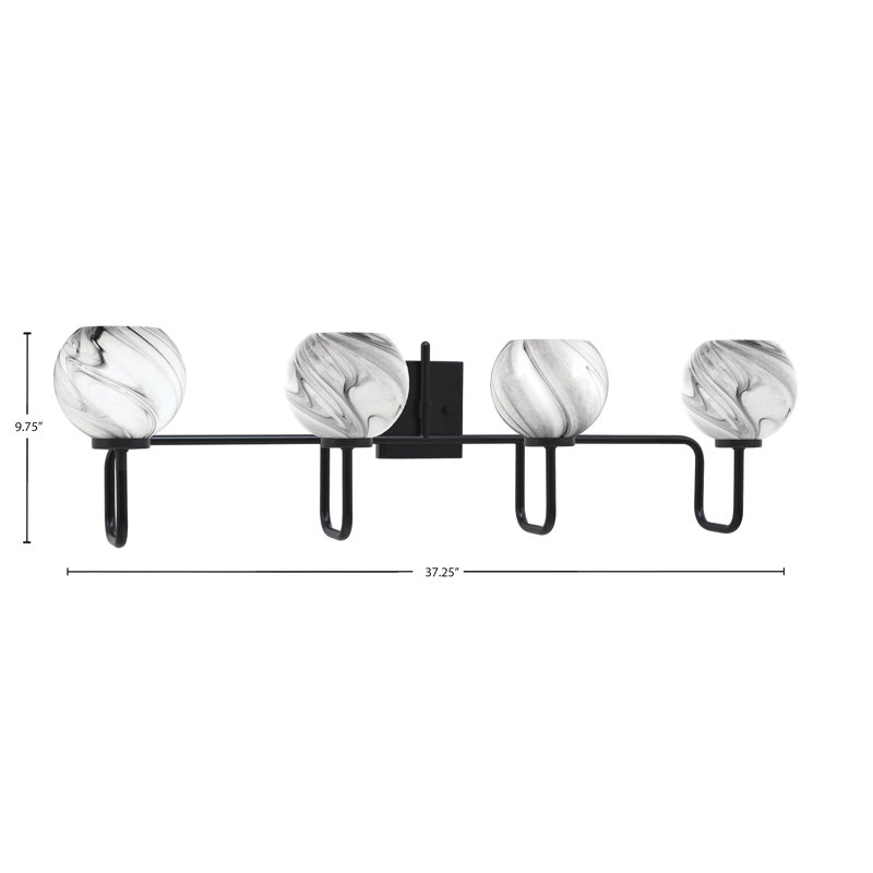 Barre d'éclairage de salle de bain 4 lumières Amarmula, finition noir mat, verre onyx 5,75 po, Noir