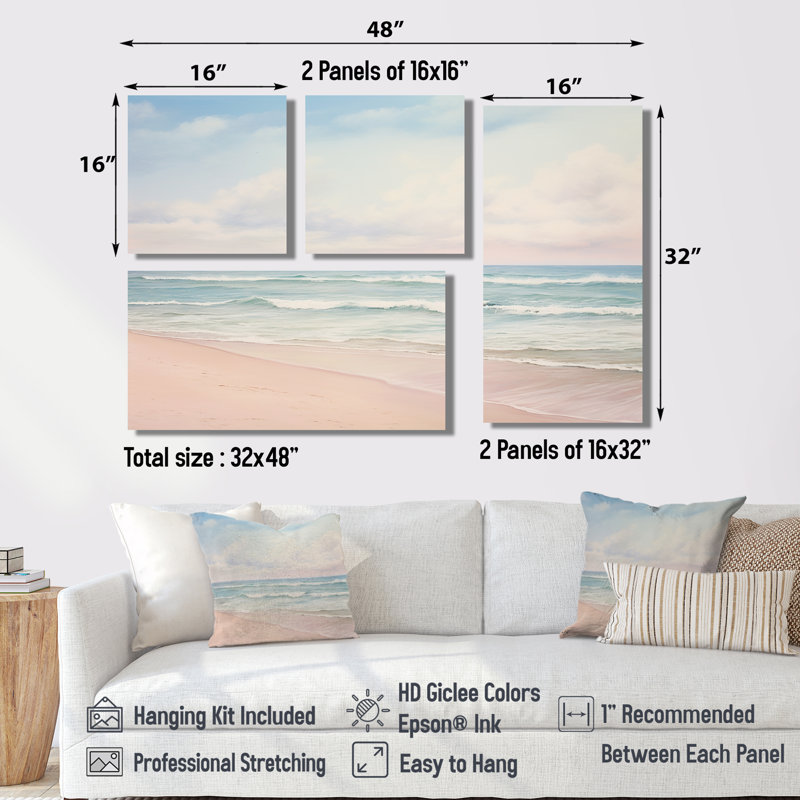 «Ocean Tranquility Tender Pink Pastel Sunrise - Large Coastal Beach», art mural 4 pièces, Toile tendue, Ne s’applique pas
