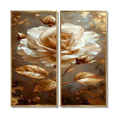 «Gilded White Rose Golden Glam Leaves», art mural encadré rose, impression sur toile florale blanche 2 panneaux