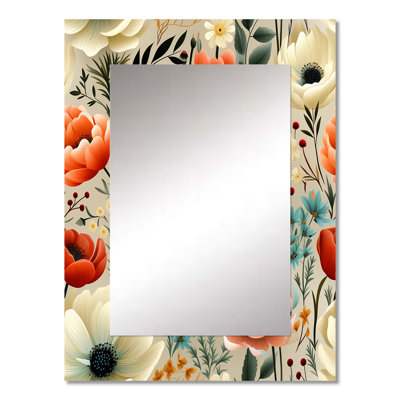 Avangeline Playful Floral Ivory And Blue Delight - Floral Wall Mirror, Cottage Decorative Mirror, Printed Metal Art