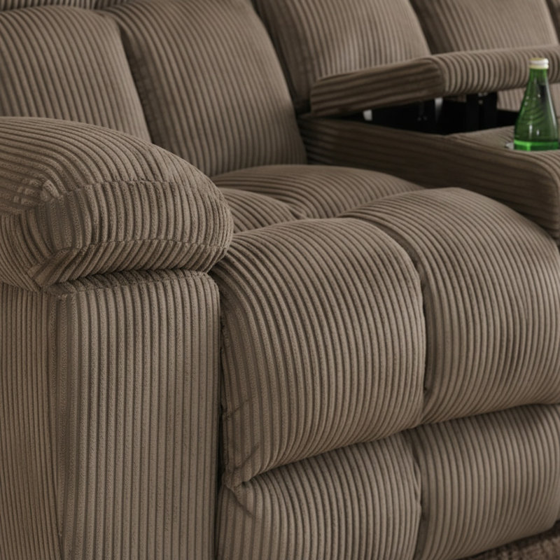Causeuse inclinable double en tissu brun rayé avec rangement et porte-gobelets, canapé inclinable 2 places pour le salon