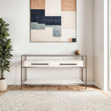 Lanieux Modern Metal & Wood Console Table with Glass Top, 60" Entryway Table with Two Drawers, Black & Gold Finish, Stylish Living Room, Office, Bedroom Storage Accent