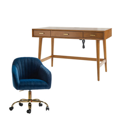 Adan Modern 2-Piece Desk Office Chair Set with Velvet Task Chair and Solid Wood Cable Management Computer Desk