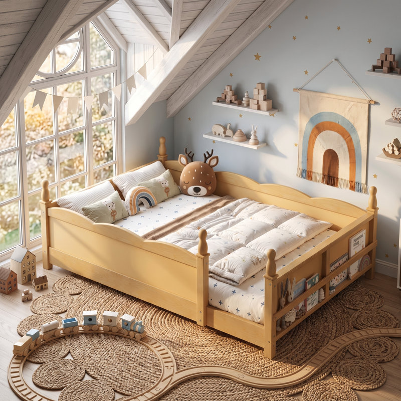 Lit de sol pour enfants avec garde-corps pleine longueur et bibliothèque intégrée Kittredge Montessori pour un sommeil sécuritaire et indépendant