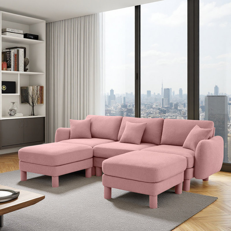 Boucle Fabric Convertible U Shape Sectional 4-Seater Sofa Couch With Distinctive Shell-Shaped Armrests And Removable Ottoman