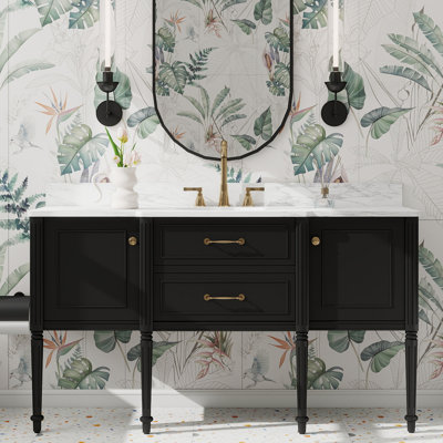 Meuble-lavabo simple autoportant 60 po avec comptoir blanc Carrara, dosseret, pieds en bois massif, entièrement assemblé