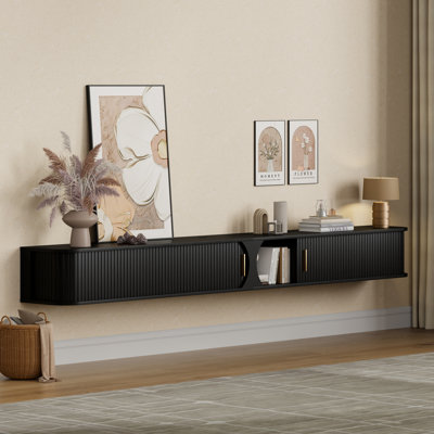 Meuble télé 94,8 po avec portes tambour rondes, console multimédia murale avec rangement et lumières RVB pour téléviseurs de 100 po ou moins
