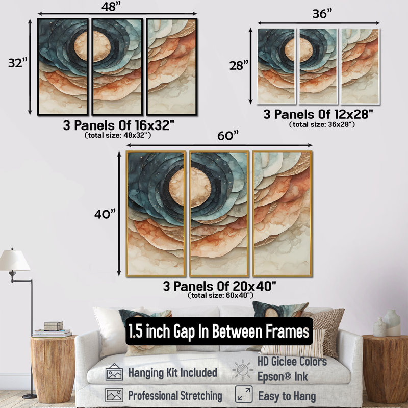 «Eclipse Moon Spiral Of Infinity I», art mural lune - ensemble de 3, H 28 po x l 36 po, Noir
