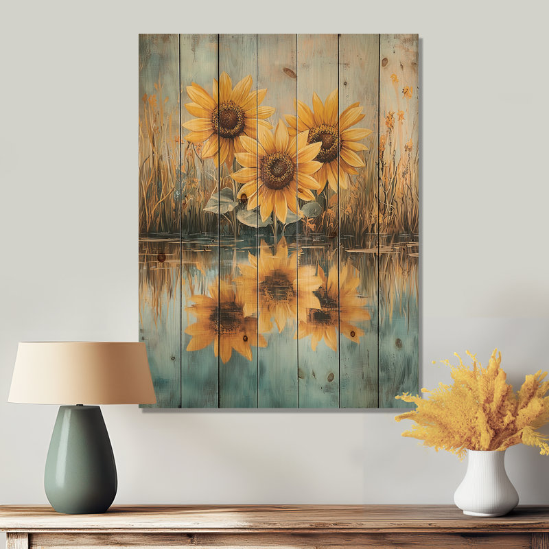 Tournesols en réflexion II - décoration murale en bois de tournesols - sur bois de pin naturel, H 32 po x l 24 po x P 0,78 po