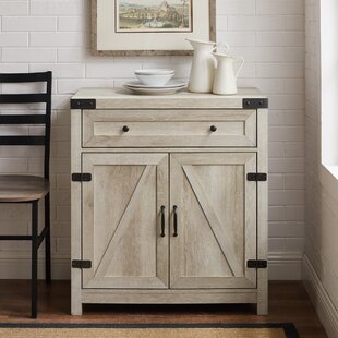 AshleeOaks Farmhouse Barn Door Accent Wood Storage Cabinet, Entryway Bar Storage Table, Country Style Furniture, Whitewashed, 32.25 H