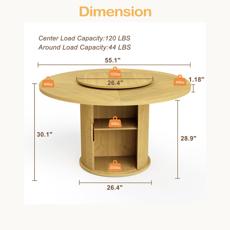 Table de salle à manger ronde de 55 pouces pour six personnes, comprenant un support de rangement à deux niveaux et un plateau de table rotatif. Portes coulissantes en bois à rayures ondulées
