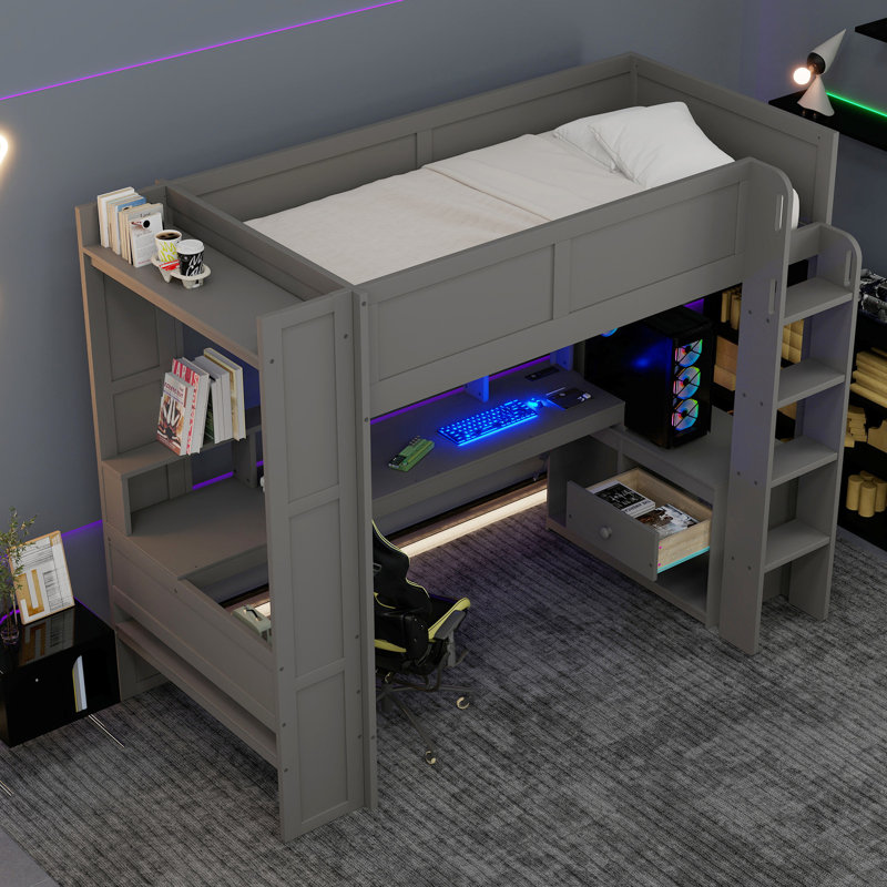 Lit mezzanine simple gris foncé avec bureau en bois, unités de rangement multiples, DEL, bureau de charge et rangement,
