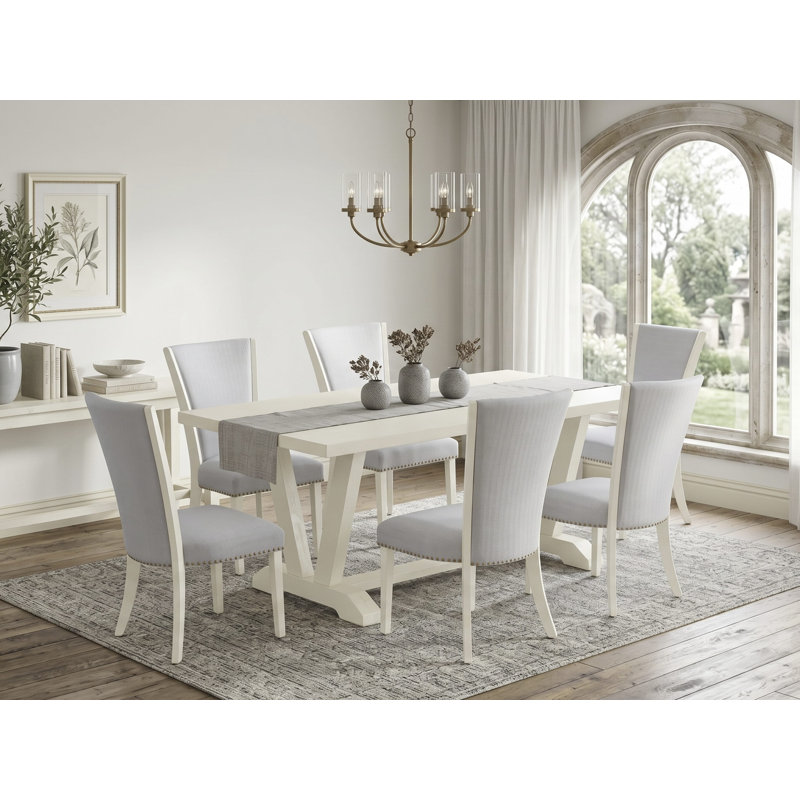 Ensemble de salle à manger 7 pièces à plateau en bois massif avec 1 table et 6 chaises rembourrées avec dossier en treillis