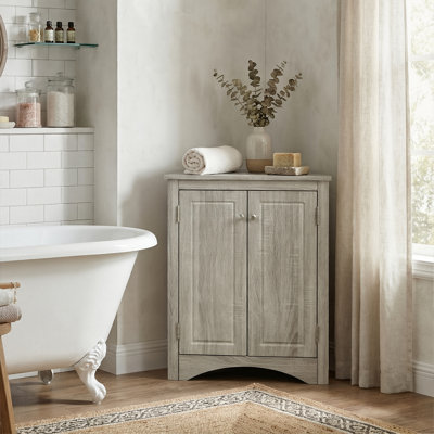 Armoire de rangement de coin moderne et imperméable, armoire de plancher triangulaire robuste en panneau de fibres à densité moyenne avec portes pour la salle de bain et la cuisine