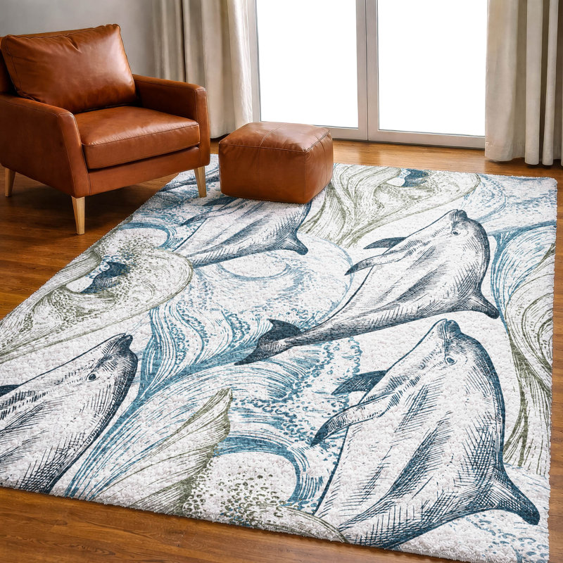 Tapis à poil long de qualité supérieure lavable avec des dauphins, 3 pi x 5 pi