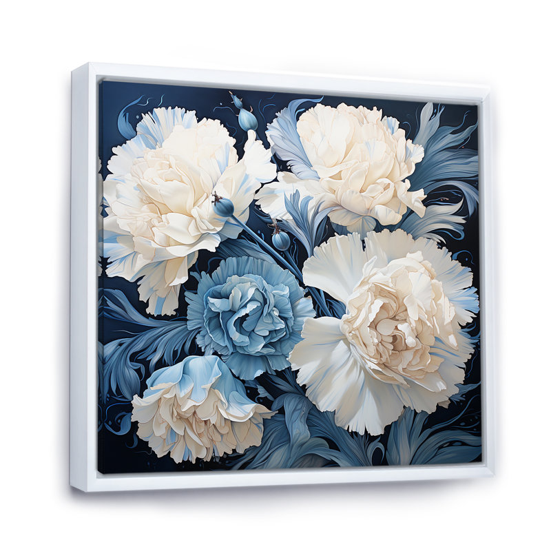Arrangement d'œillets blanc et bleu sur toile, Cadre flottant blanc, H 30 po x l 30 po