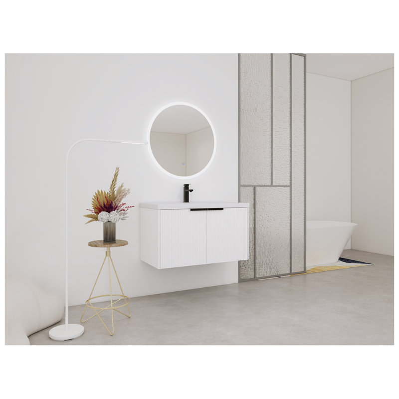 Meuble-lavabo mural 36 po avec lavabo en résine et portes à fermeture en douceur, blanc, White, Matte Black