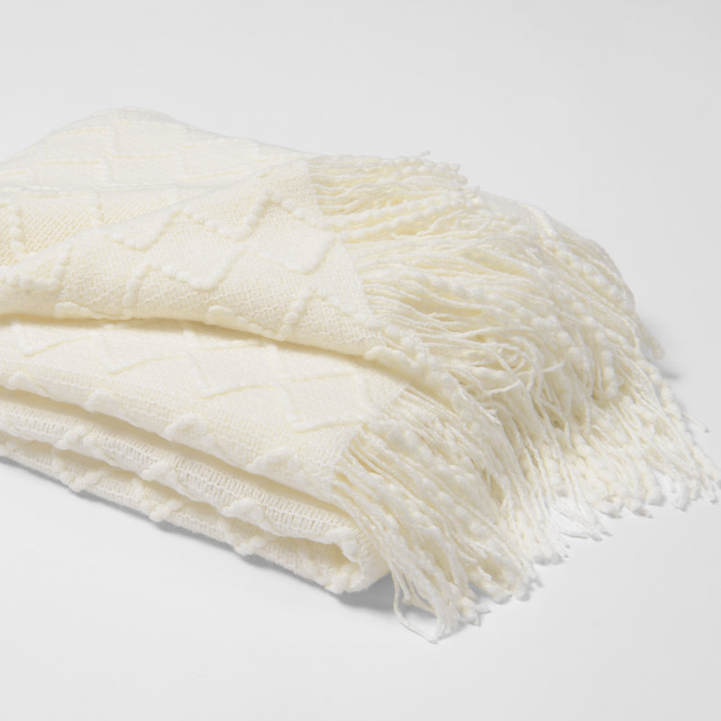 Cozy Ivory Textured Diamond Knitted Throw 50" x 60"