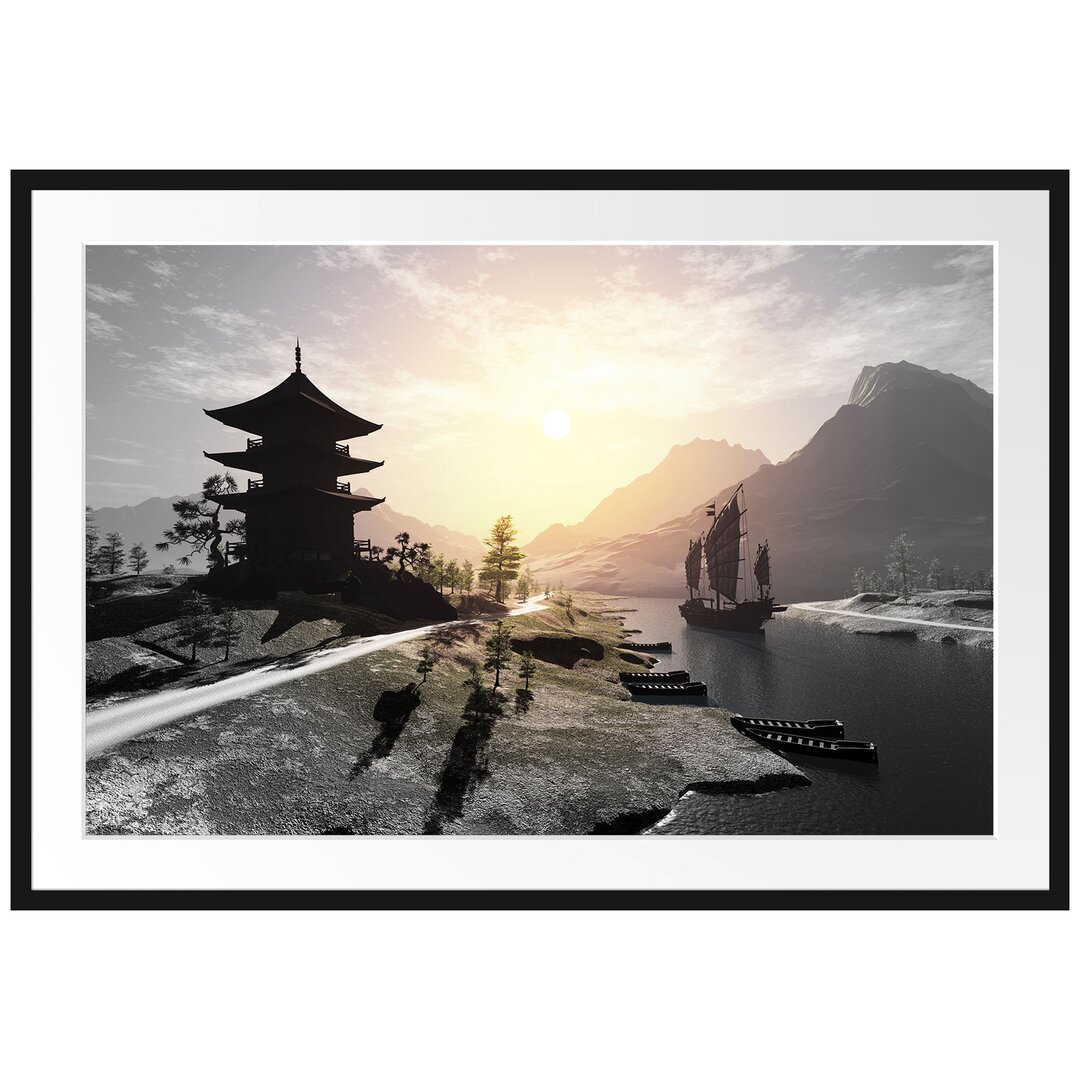 Gerahmtes Poster Asiatischer Tempel an Fluss