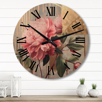 Horloge murale surdimensionnée avec pivoines roses et jaunes
