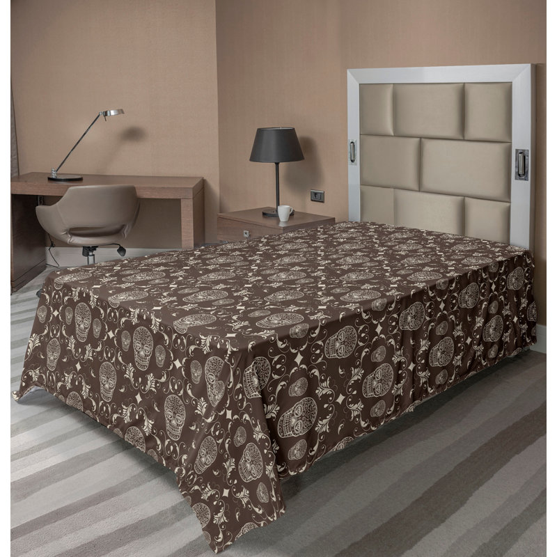 Ambesonne Gothic Flat Sheet Retro Rococo Skull Pattern Pale Grey Umber