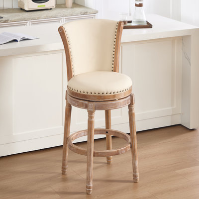 Tabouret de bar pivotant, L 23,6 po x l 23,6 po x H 45,3 po, cuir véritable et bois, 1 pièce, tabouret de bar, beige, pivotant à 360 degrés avec dossier incurvé
