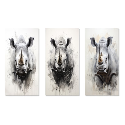 Mighty Stampede Rhinoceros - Rhinoceros Metal Prints Set Of 3