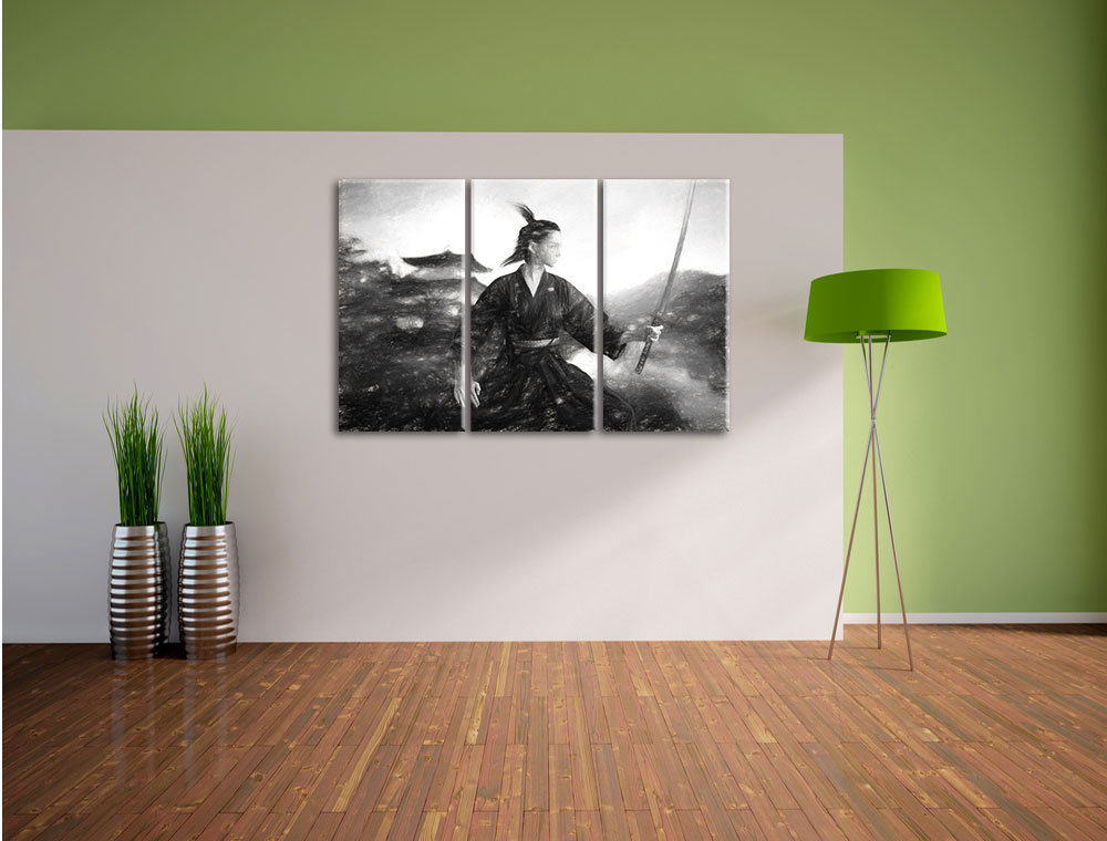 3-tlg. Leinwandbild-Set „Samurai-Kriegerin im Schneesturm“, Kunstdruck