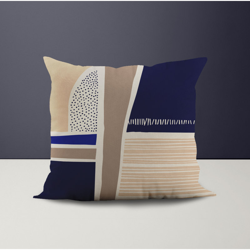 Jeté carré en polyester intérieur / extérieur, Beige/bleu marine, L 17 po x H 17 po