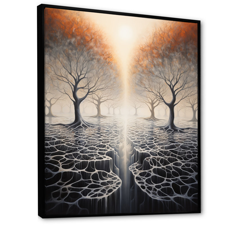 Surréalisme, arbre, racines célestes I sur toile, H 32 po x l 16 po x P 1 po, Cadre flottant noir