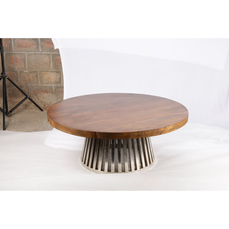 Table basse ronde en bois massif et en métal, un design distinctif, 43 pouces de profondeur, 2 hauteurs, couleur naturelle