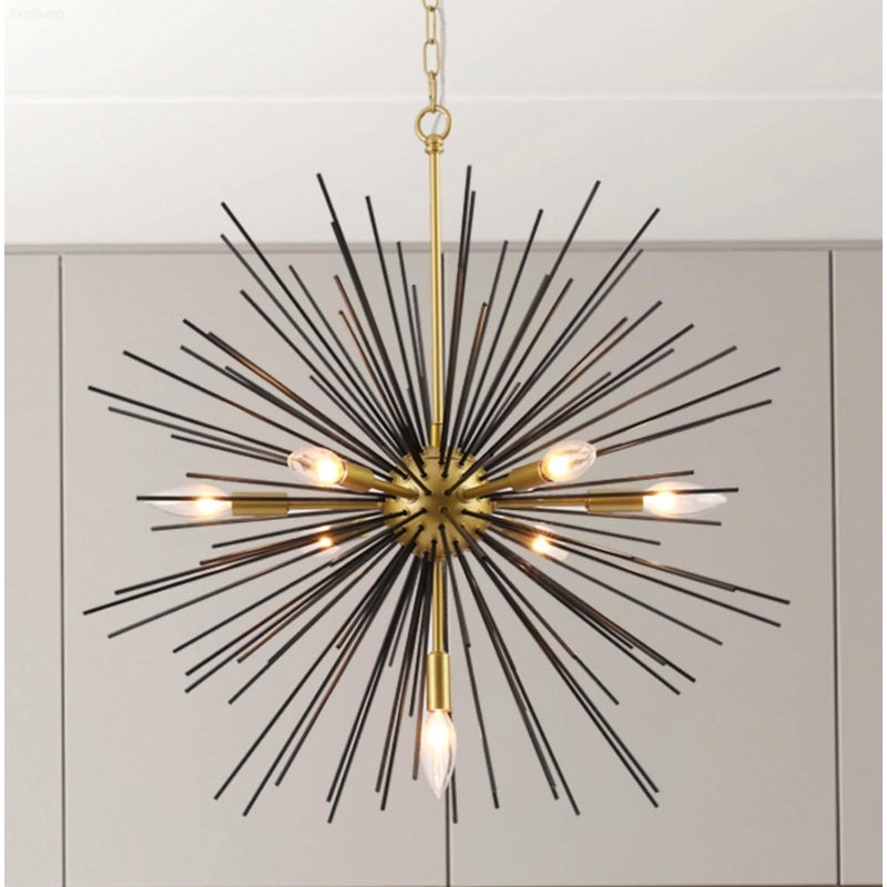 Lustre moderne Sputnik à 7 lumières avec bras métalliques en forme d'étoile et chaîne de suspension réglable, noir et or