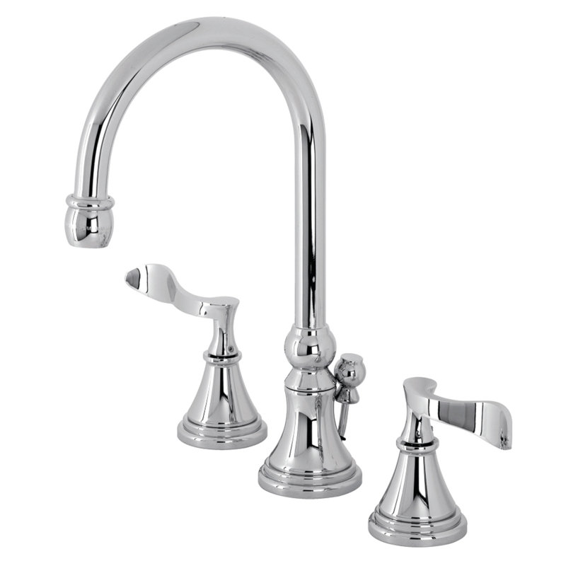 Kingston Brass Century Two-Handle 3-Hole Deck Mount Widespread Bathroom Faucet with Brass Pop-Up Drain, Polished Chrome