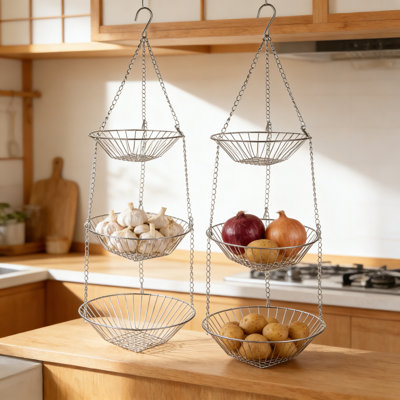 3-Tier Hanging Wire Storage Basket, Versatile Kitchen Fruit Vegetable Organizer With Adjustable Chains For Home, Bathroom, And Pantry, 2 Pack