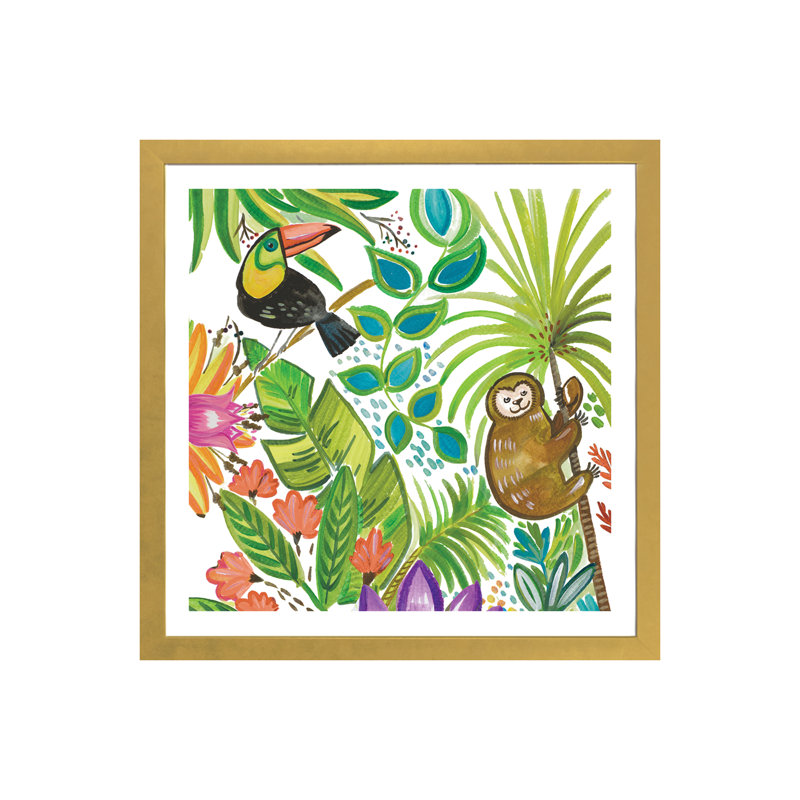 Art tropical encadré, H 24 po x l 24 po x P 1 po, Papier beaux-arts encadré doré